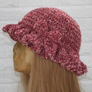HAND CRAFTED Hat Crochet Bucket Chenille Winter Full Ruffle Red Burgundy Marled